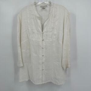 Sarah Spencer Women Size 1X Linen Blend Boho Artsy Pintuck Embroidered Tunic Top